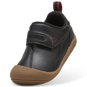 Pantof sport pentru baieti Puma, model Kitten SL V Inf Black, negru, exterior din piele sintetica, interior textil, cu velcro, talpă antialunecare, flexibila, din cauciuc maro și logo lateral, potriviti pentru primii pasi