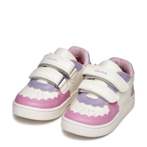 Pantofi sport Geox pentru fete, in nuanțe de roz, mov, alb si verde menta, cu decupaje în formă de norișor, două benzi velcro pentru închidere, talpă albă din material sintetic si interior din material textil.