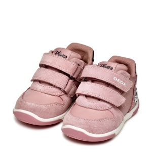 Pantofi pentru primii pași Geox Zapito Girl, design cu Minnie Mouse in lateralul călcâiului, culoarea pantofilor roz pal cu accente negre, talpă flexibilă, 