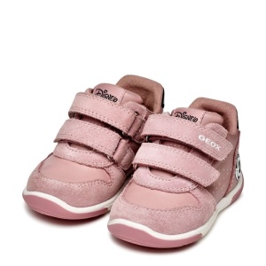 Pantofi pentru primii pași Geox Zapito Girl, design cu Minnie Mouse in lateralul călcâiului, culoarea pantofilor roz pal cu accente negre, talpă flexibilă, 