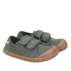 Tenisi barefoot copii, producator Igor, culoare kaki, exterior si interior din material textil, inchidere cu doi scai, talpa maro, din cauciuc, foarte flexibila