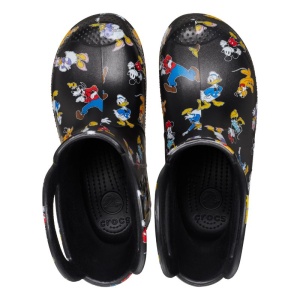 Cizme de ploaie pentru copii Crocs negre, cu imprimeu colorat cu personaje Disney și mânere integrate pentru încălțare ușoară