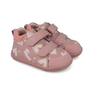 Pantofi barefoot fete 251306A de la Garvalin, exterior din piele naturala, culoare roz cu imprimeu alpaca bej cu accente colorate, dubla inchidere cu scai,