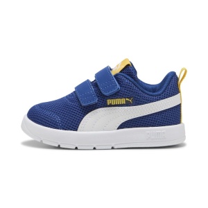 Pantofi sport baieti Courtflex V3 Mesh Inf Clyde Royal PUMA White, model albastru cu detaliu alb, dubla închidere velcro și talpă albă EVA, ideali pentru copii mici.