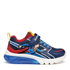 Pantofi sport băieți Geox CIBERDRON JUNIOR Superman, bleumarin cu detalii roșii, vârf întărit, talpă cu LED activată la fiecare pas, închidere cu arici și șiret elastic, logo Superman pe lateral.