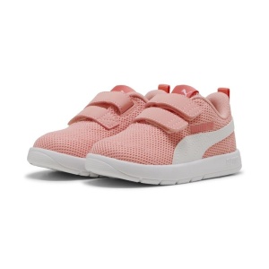 Pantofi sport fete Courtflex V3 Mesh Inf Pink Fruit PUMA Whhite, model roz cu alb, dubla închidere velcro și talpă albă EVA, ideali pentru copii mici.