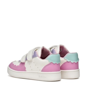 Pantofi sport Geox pentru fete, in nuanțe de roz, mov, alb si verde menta, cu decupaje în formă de norișor, două benzi velcro pentru închidere, talpă albă din material sintetic si interior din material textil.