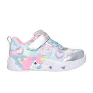 Pantof sport Skechers pentru fetițe, cu inimioare pastel, detalii argintii și unicorn 3D pe talpă, cu lumini și închidere velcro
