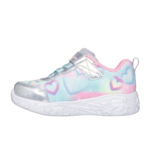 Pantof sport Skechers pentru fetițe, cu inimioare pastel, detalii argintii și unicorn 3D pe talpă, cu lumini și închidere velcro