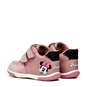 Pantofi pentru primii pași Geox Zapito Girl, design cu Minnie Mouse in lateralul călcâiului, culoarea pantofilor roz pal cu accente negre, talpă flexibilă, 