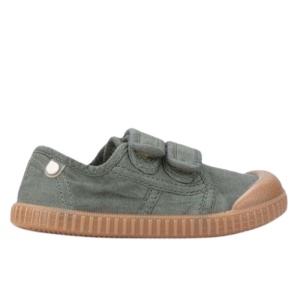 Tenisi barefoot copii, producator Igor, culoare kaki, exterior si interior din material textil, inchidere cu doi scai, talpa maro, din cauciuc, foarte flexibila