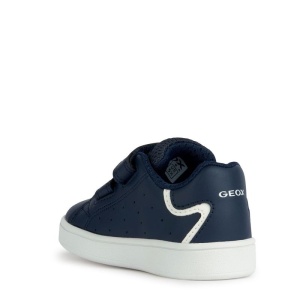 Pantofi sport Geox pentru baieti, nuanță bluemarin, două benzi velcro pentru închidere, perforații laterale pentru respirabilitate, talpă albă flexibilăsi interior din material textil.