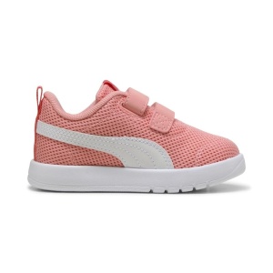 Pantofi sport fete Courtflex V3 Mesh Inf Pink Fruit PUMA Whhite, model roz cu alb, dubla închidere velcro și talpă albă EVA, ideali pentru copii mici.