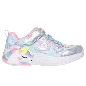 Pantof sport pentru fete Skechers multicolor cu unicorn 3D pe talpă, lumini LED, buton On/OFF, închidere cu scai