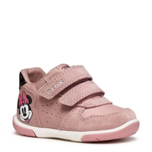 Pantofi pentru primii pași Geox Zapito Girl, design cu Minnie Mouse in lateralul călcâiului, culoarea pantofilor roz pal cu accente negre, talpă flexibilă, 