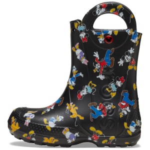 Cizme de ploaie pentru copii Crocs negre, cu imprimeu colorat cu personaje Disney și mânere integrate pentru încălțare ușoară