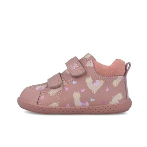 Pantofi barefoot fete 251306A de la Garvalin, exterior din piele naturala, culoare roz cu imprimeu alpaca bej cu accente colorate, dubla inchidere cu scai,