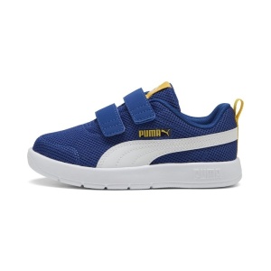 Pantofi sport baieti Courtflex V3 Mesh PS Clyde Royal PUMA White, culoare albastru, inchidere dubla cu scai, talpa alba
