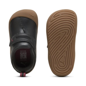 Pantof sport pentru baieti Puma, model Kitten SL V Inf Black, negru, exterior din piele sintetica, interior textil, cu velcro, talpă antialunecare, flexibila, din cauciuc maro și logo lateral, potriviti pentru primii pasi