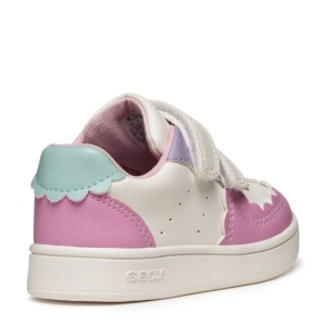 Pantofi sport Geox pentru fete, in nuanțe de roz, mov, alb si verde menta, cu decupaje în formă de norișor, două benzi velcro pentru închidere, talpă albă din material sintetic si interior din material textil.