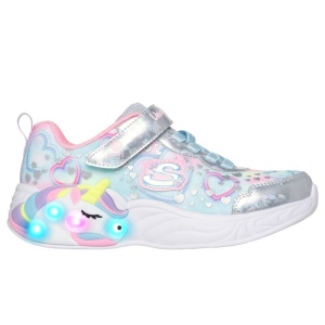 Pantof sport pentru fete Skechers multicolor cu unicorn 3D pe talpă, lumini LED, buton On/OFF, închidere cu scai