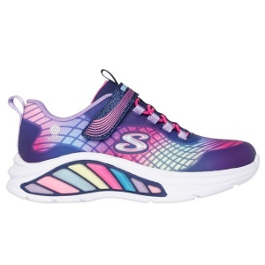 Pantof sport pentru fete Skechers Rainbow Cruisers, în nuanțe de mov, roz și albastru, cu efecte curcubeu, șiret elastic și închidere cu bandă velcro, logo „S” pe lateral și talpă albă cu detalii colorate; model cu lumini integrate si buton on/off.