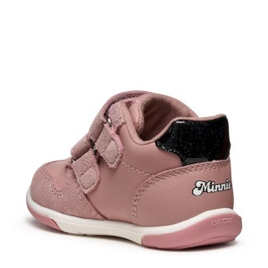 Pantofi pentru primii pași Geox Zapito Girl, design cu Minnie Mouse in lateralul călcâiului, culoarea pantofilor roz pal cu accente negre, talpă flexibilă, 
