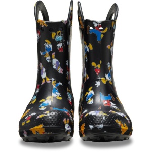 Cizme de ploaie pentru copii Crocs negre, cu imprimeu colorat cu personaje Disney și mânere integrate pentru încălțare ușoară