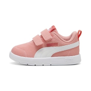 Pantofi sport fete Courtflex V3 Mesh Inf Pink Fruit PUMA Whhite, model roz cu alb, dubla închidere velcro și talpă albă EVA, ideali pentru copii mici.