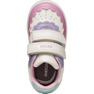 Pantofi sport Geox pentru fete, in nuanțe de roz, mov, alb si verde menta, cu decupaje în formă de norișor, două benzi velcro pentru închidere, talpă albă din material sintetic si interior din material textil.