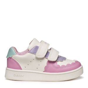 Pantofi sport Geox pentru fete, in nuanțe de roz, mov, alb si verde menta, cu decupaje în formă de norișor, două benzi velcro pentru închidere, talpă albă din material sintetic si interior din material textil.
