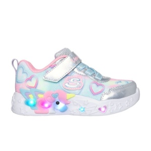 Pantof sport Skechers pentru fetițe, cu inimioare pastel, detalii argintii și unicorn 3D pe talpă, cu lumini și închidere velcro