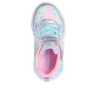 Pantof sport Skechers pentru fetițe, cu inimioare pastel, detalii argintii și unicorn 3D pe talpă, cu lumini și închidere velcro