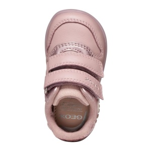 Pantofi sport roz pentru fetițe Geox Zapito Girl Old Rose, potrivit pentru primii pași, cu două benzi cu arici, decor floral bej pe lateral, vârf și călcâi întăriți, talpă flexibilă cu tehnologie Geox Respira™, tălpic detașabil din piele naturală