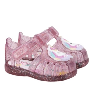 Sandale pentru plaja fete, producator Igor, culoare roz cu sclipici, confectionati din material sintetic, inchidere cu scai, protectie varf si unicorn in partea din fata a sandalelor