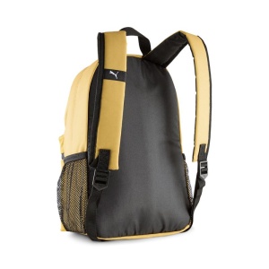 Ghiozdan copii Puma ESSENTIALS Small Backpack Archive Gold, model galben cu patch-uri cu pisici, buzunar frontal cu fermoar și buzunare laterale din plasă.