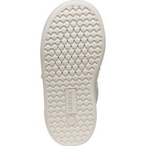 Pantofi sport Geox pentru fete, in nuanțe de roz, mov, alb si verde menta, cu decupaje în formă de norișor, două benzi velcro pentru închidere, talpă albă din material sintetic si interior din material textil.