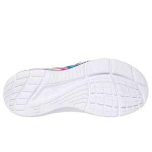 Pantof sport pentru fete Skechers Rainbow Cruisers, în nuanțe de mov, roz și albastru, cu efecte curcubeu, șiret elastic și închidere cu bandă velcro, logo „S” pe lateral și talpă albă cu detalii colorate; model cu lumini integrate si buton on/off.
