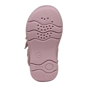 Pantofi sport roz pentru fetițe Geox Zapito Girl Old Rose, potrivit pentru primii pași, cu două benzi cu arici, decor floral bej pe lateral, vârf și călcâi întăriți, talpă flexibilă cu tehnologie Geox Respira™, tălpic detașabil din piele naturală