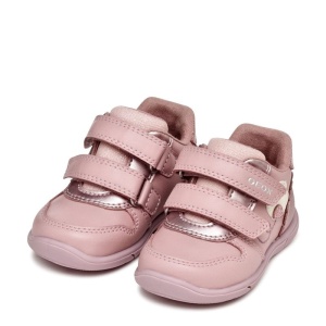 Pantofi sport roz pentru fetițe Geox Zapito Girl Old Rose, potrivit pentru primii pași, cu două benzi cu arici, decor floral bej pe lateral, vârf și călcâi întăriți, talpă flexibilă cu tehnologie Geox Respira™, tălpic detașabil din piele naturală