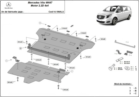 Scut motor din aluminiu Mercedes Vito W447, 4x4 2020 - 2026 - Img 2