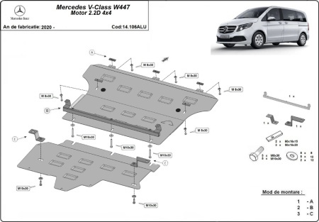 Scut motor din aluminiu Mercedes V-Class W447, 4x4 2020 - 2026 - Img 2
