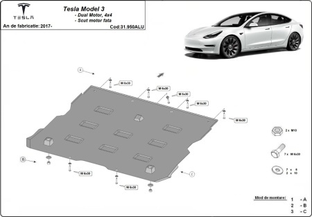 Scut motor faţă din aluminiu Tesla Model 3 AWD 2017 - 2026 - Img 3