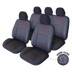 Set huse scaun piele ecologica Exclusive Leather Qeen negru cusaturi rosii
