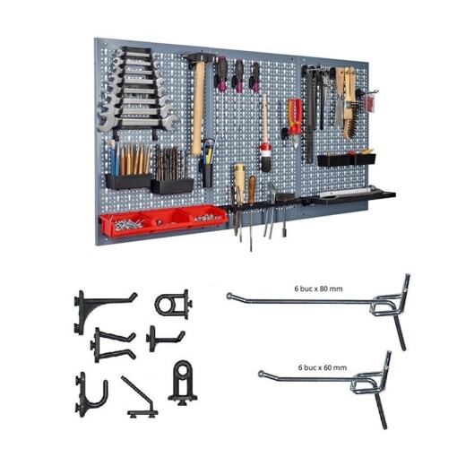 Kit 3 panouri perforate vertical/orizontal 1200x600 pentru scule profesionale cu set de 32 carlige