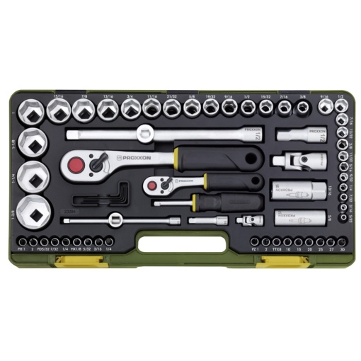 Trusa completa, versiune in Inch, cu chei tubulare de 1/4" si 1/2", Proxxon 23294, 65 piese