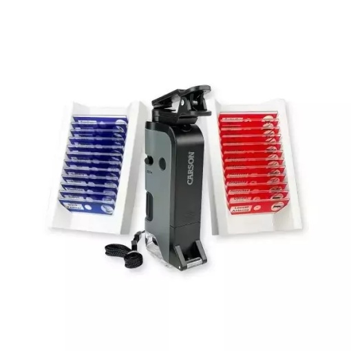 Pachet MicroFlip cu diapozitive si Microscop de buzunar Carson cu LED-uri UV