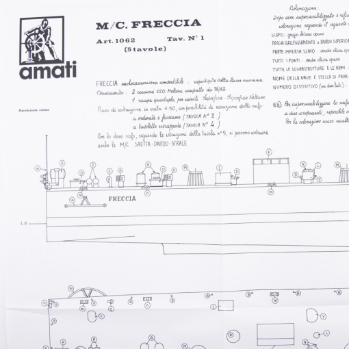 Planuri constructie navomodel, Distrugatorul Freccia, Scara: 1:50, Lungime: 920mm, Amati Italia