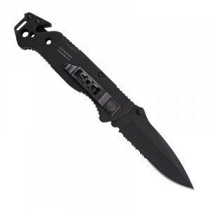 Cutit de salvare SOG Escape Black FF25-CP, lama 9Cr18MoV Black TiNi, Lockback, cutter centura, spargator geam, Rescue Knife - Img 7
