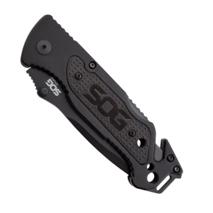 Cutit de salvare SOG Escape Black FF25-CP, lama 9Cr18MoV Black TiNi, Lockback, cutter centura, spargator geam, Rescue Knife - Img 17